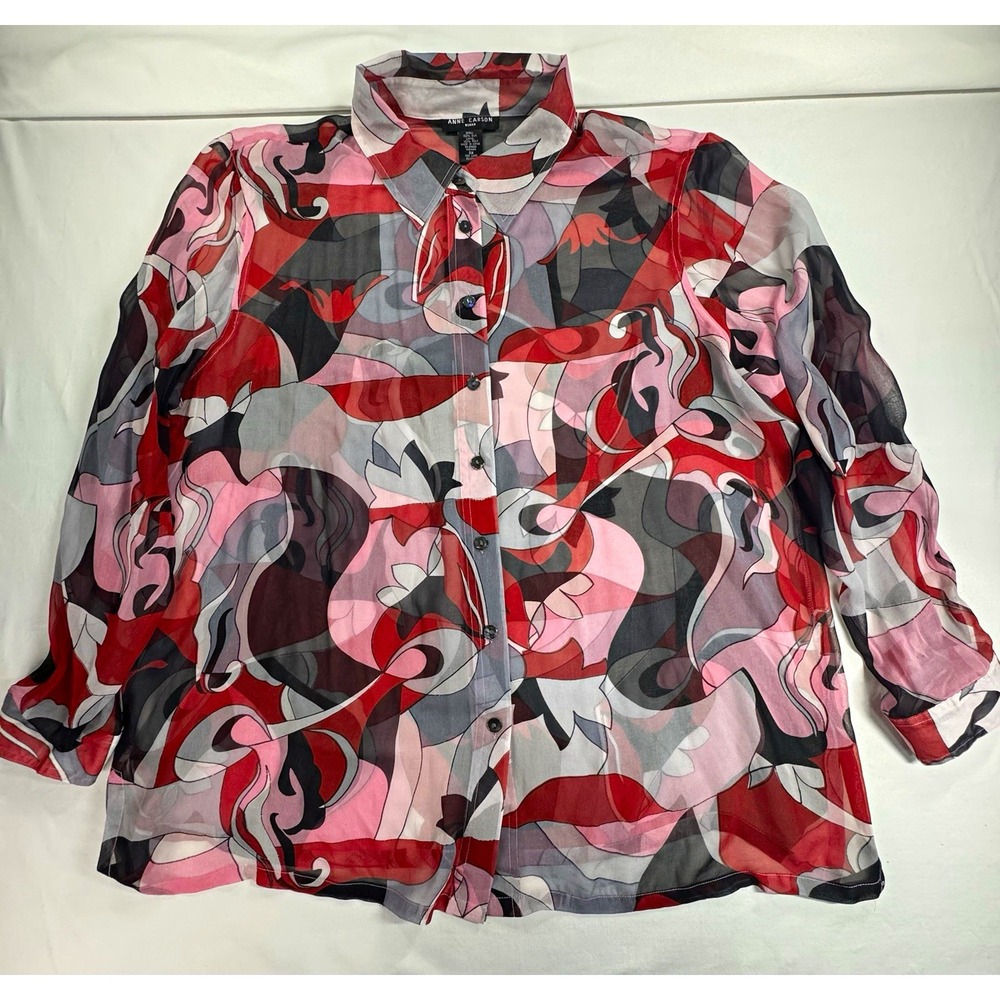 Anne Carson Women's Pink Red Abstract Chiffon Sheer Collared Blouse, Size 2X